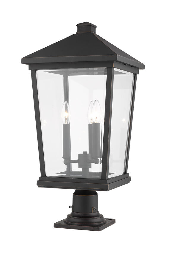 Z-Lite Beacon 12" W x 26" H 3-Light Oil Rubbed Bronze Outdoor Post Mount Fixture and Square Pier Mount With Clear Beveled Glass Shade