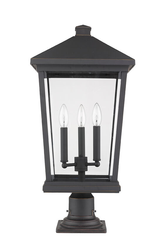 Z-Lite Beacon 12" W x 26" H 3-Light Oil Rubbed Bronze Outdoor Post Mount Fixture and Square Pier Mount With Clear Beveled Glass Shade