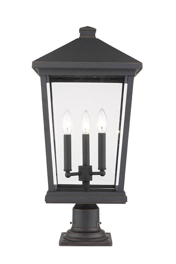 Z-Lite Beacon 12" W x 26" H 3-Light Oil Rubbed Bronze Outdoor Post Mount Fixture and Square Pier Mount With Clear Beveled Glass Shade