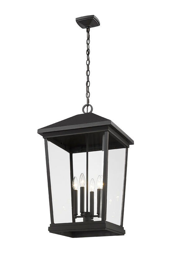 Z-Lite Beacon 13" 4-Light Black Aluminum Outdoor Chain Mount Ceiling Fixture With Clear Beveled Glass Shade