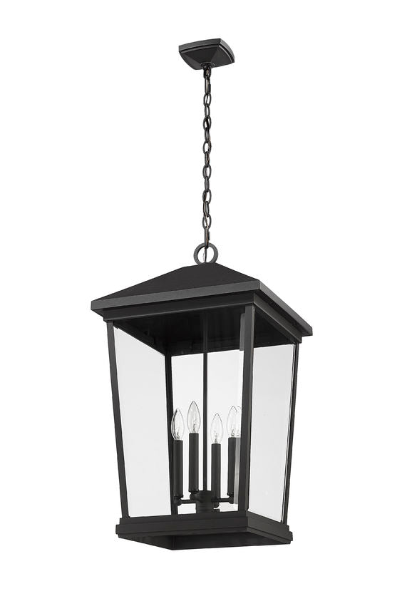 Z-Lite Beacon 13" 4-Light Black Aluminum Outdoor Chain Mount Ceiling Fixture With Clear Beveled Glass Shade