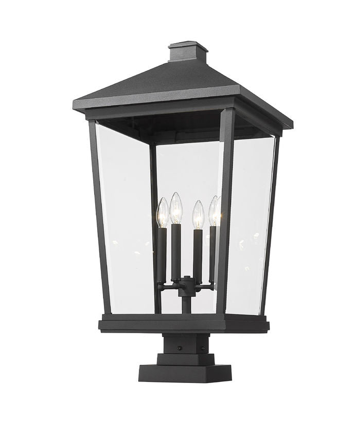 Z-Lite Beacon 16" W x 32" H 4-Light Black Outdoor Post Mount Fixture and Square Pier Mount With Clear Beveled Glass Shade