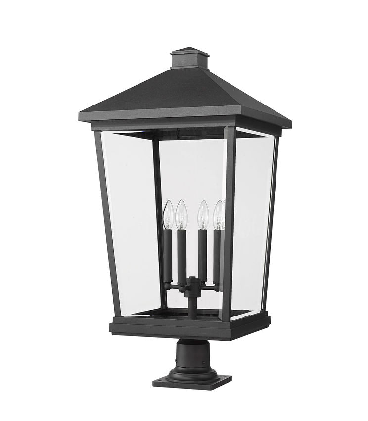 Z-Lite Beacon 16" W x 33" H 4-Light Black Outdoor Post Mount Fixture and Square Pier Mount With Clear Beveled Glass Shade