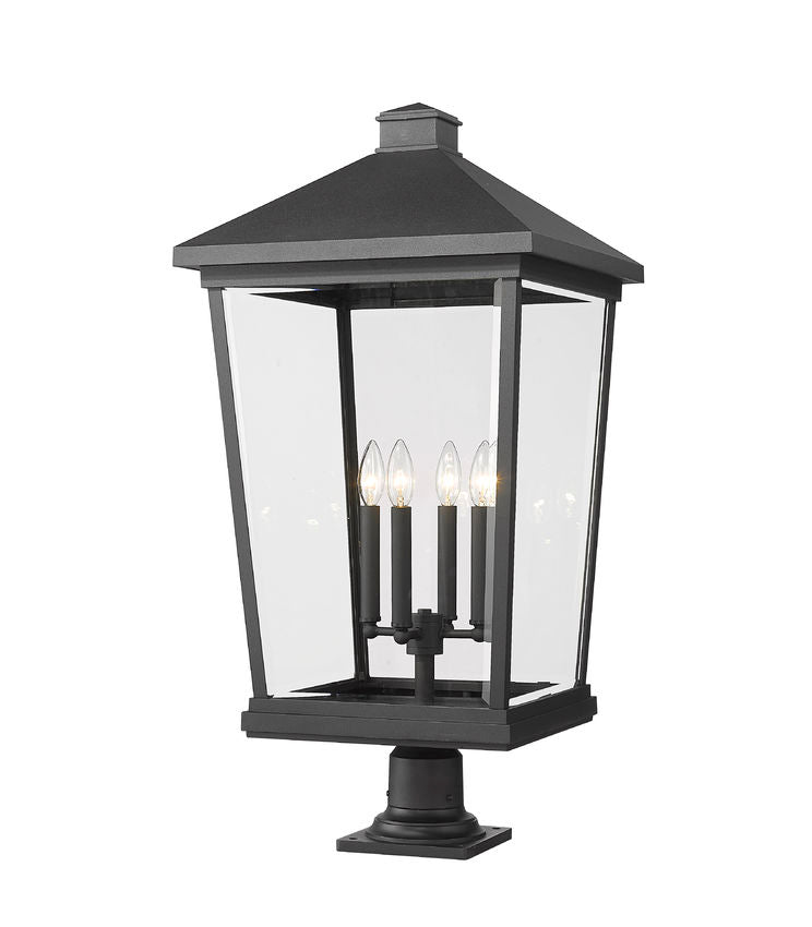 Z-Lite Beacon 16" W x 33" H 4-Light Black Outdoor Post Mount Fixture and Square Pier Mount With Clear Beveled Glass Shade
