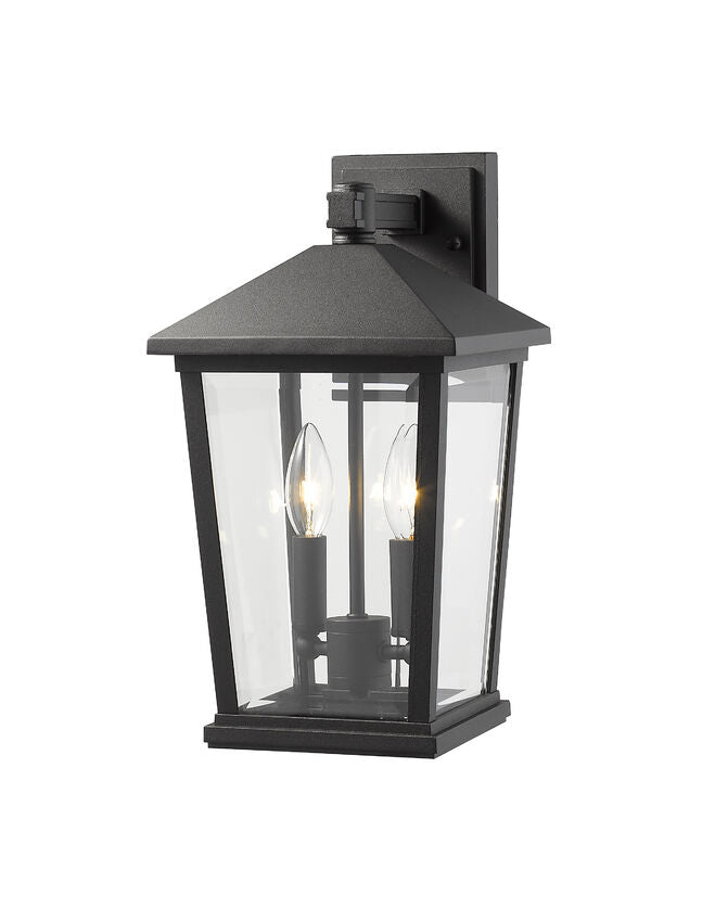 Z-Lite Beacon 568M-BK 2-Light Candelabra Bulb Base Black Aluminum Frame Clear Beveled Glass Shade Outdoor Wall Light