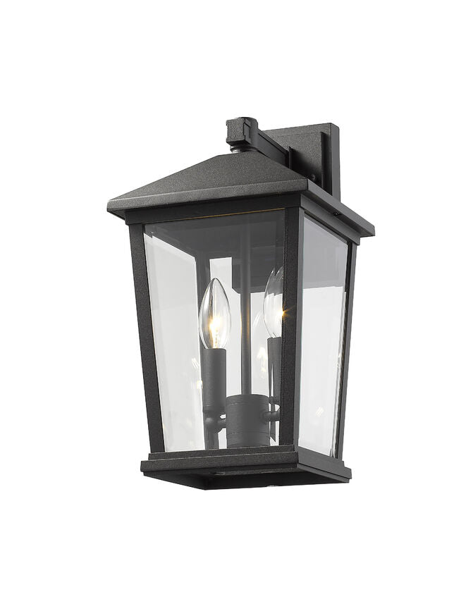 Z-Lite Beacon 568M-BK 2-Light Candelabra Bulb Base Black Aluminum Frame Clear Beveled Glass Shade Outdoor Wall Light