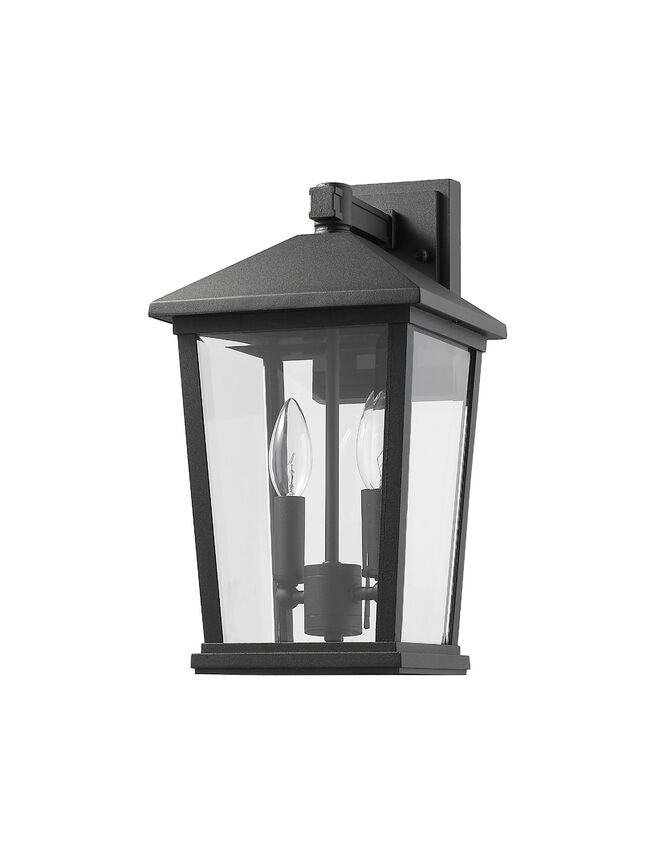 Z-Lite Beacon 568M-BK 2-Light Candelabra Bulb Base Black Aluminum Frame Clear Beveled Glass Shade Outdoor Wall Light