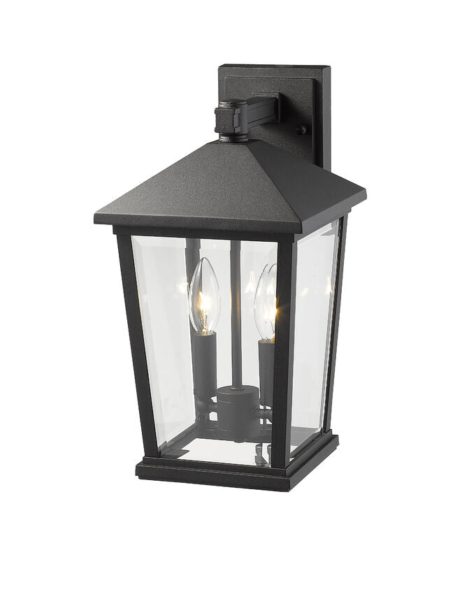Z-Lite Beacon 568M-BK 2-Light Candelabra Bulb Base Black Aluminum Frame Clear Beveled Glass Shade Outdoor Wall Light