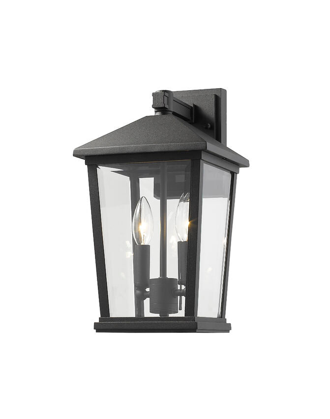 Z-Lite Beacon 568M-BK 2-Light Candelabra Bulb Base Black Aluminum Frame Clear Beveled Glass Shade Outdoor Wall Light