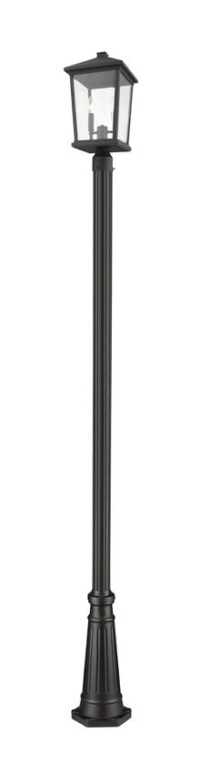 Z-Lite Beacon 568PHBR-519P-BK 2-Light Candelabra Bulb Base Black Aluminum Frame Clear Beveled Glass Shade Outdoor Post Mounted Fixture
