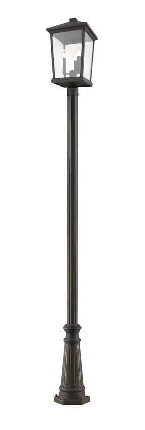 Z-Lite Beacon 568PHXLR-519P-ORB 3-Light Candelabra Bulb Base Oil Rubbed Bronze Aluminum Frame Clear Beveled Glass Shade Outdoor Post Mounted Fixture