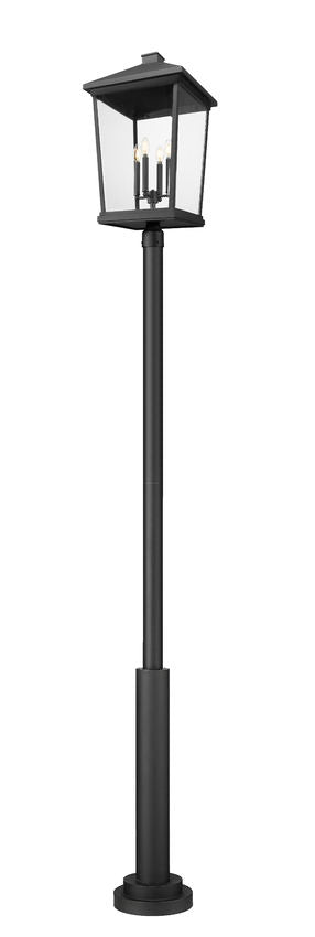 Z-Lite Beacon 568PHXXLR-5010P-BK 4-Light Candelabra Bulb Base Black Aluminum Frame Clear Beveled Glass Shade Outdoor Post Mounted Fixture