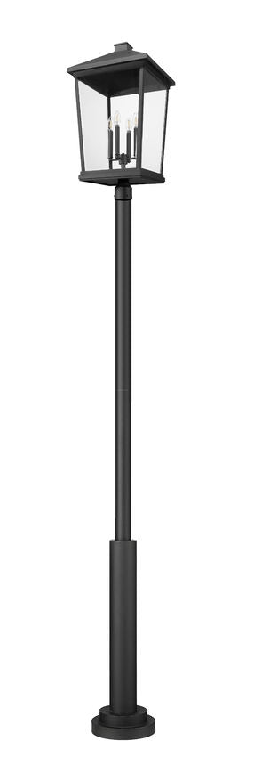 Z-Lite Beacon 568PHXXLR-5010P-BK 4-Light Candelabra Bulb Base Black Aluminum Frame Clear Beveled Glass Shade Outdoor Post Mounted Fixture