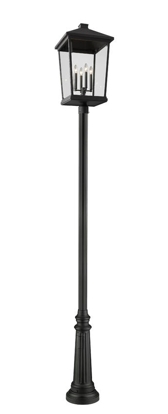Z-Lite Beacon 568PHXXLR-511P-BK 4-Light Candelabra Bulb Base Black Aluminum Frame Clear Beveled Glass Shade Outdoor Post Mounted Fixture