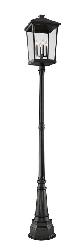 Z-Lite Beacon 568PHXXLR-564P-BK 4-Light Candelabra Black Aluminum Frame Clear Beveled Glass Shade Outdoor Post Mounted Fixture