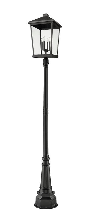 Z-Lite Beacon 568PHXXLR-564P-BK 4-Light Candelabra Black Aluminum Frame Clear Beveled Glass Shade Outdoor Post Mounted Fixture