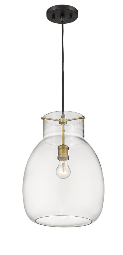 Z-Lite Bella 12" 1-Light Matte Black and Olde Brass Pendant Light With Clear Glass Shade