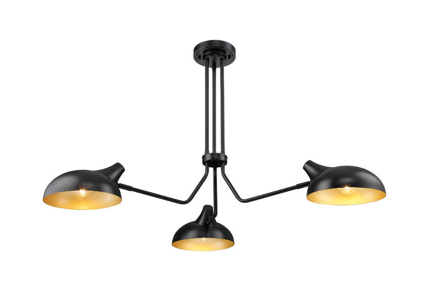 Z-Lite Bellamy 46" 3-Light Matte Black Semi Flush Mount With Matte Black and Gold Shade