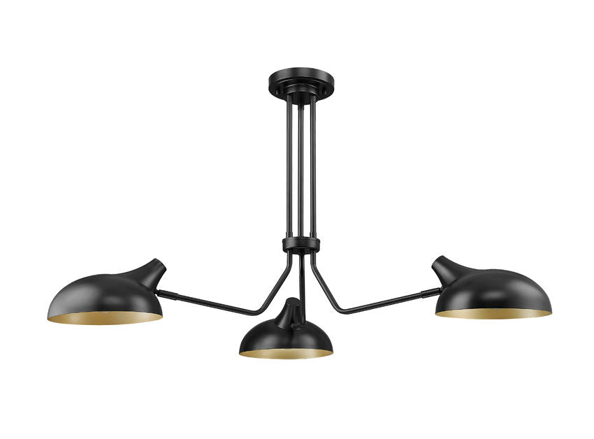 Z-Lite Bellamy 46" 3-Light Matte Black Semi Flush Mount With Matte Black and Gold Shade