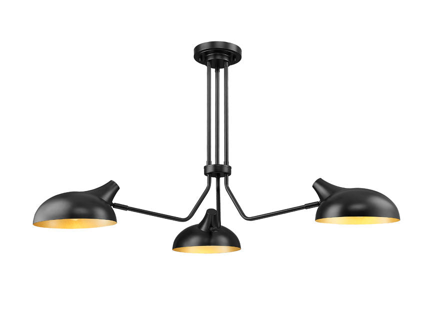 Z-Lite Bellamy 46" 3-Light Matte Black Semi Flush Mount With Matte Black and Gold Shade