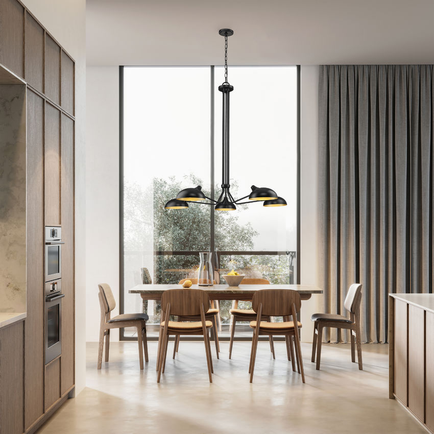 Z-Lite Bellamy 52" 5-Light Matte Black Pendant Light With Matte Black and Gold Shade