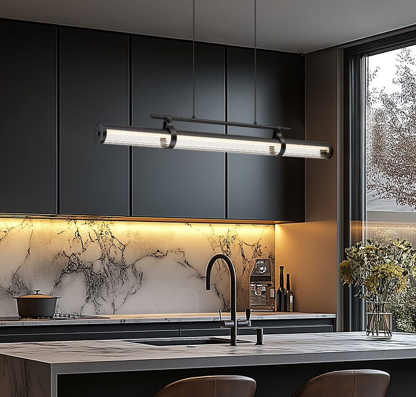 Z-Lite Benoit 44" 1-Light LED-Integrated Matte Black Steel Frame Clear Glass Shade Linear Chandelier