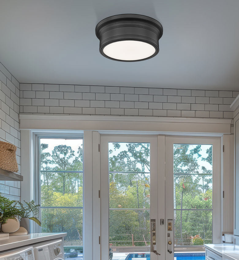 Z-Lite Bentley 12" 1-Light LED-Integrated Matte Black Steel Frame White Acrylic Shade Flush Mount Lighting