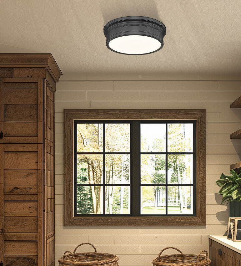 Z-Lite Bentley 16" 1-Light LED-Integrated Matte Black Steel Frame White Acrylic Shade Flush Mount Lighting