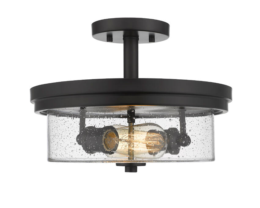 Z-Lite Bohin 13" 2-Light Matte Black Semi Flush Mount With Clear Seedy Glass Shade