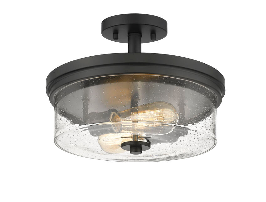 Z-Lite Bohin 13" 2-Light Matte Black Semi Flush Mount With Clear Seedy Glass Shade