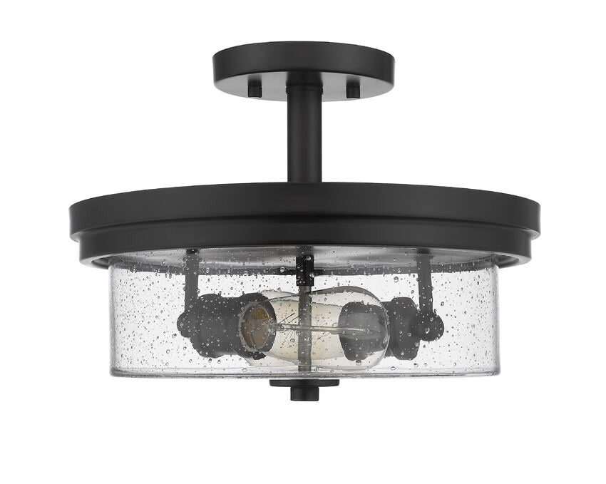 Z-Lite Bohin 13" 2-Light Matte Black Semi Flush Mount With Clear Seedy Glass Shade