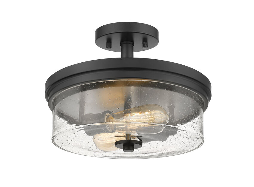 Z-Lite Bohin 13" 2-Light Matte Black Semi Flush Mount With Clear Seedy Glass Shade