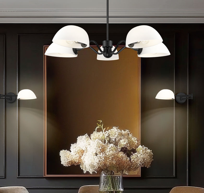 Z-Lite Breton 33" 5-Light Matte Black Steel Frame White Glass Shade Chandelier