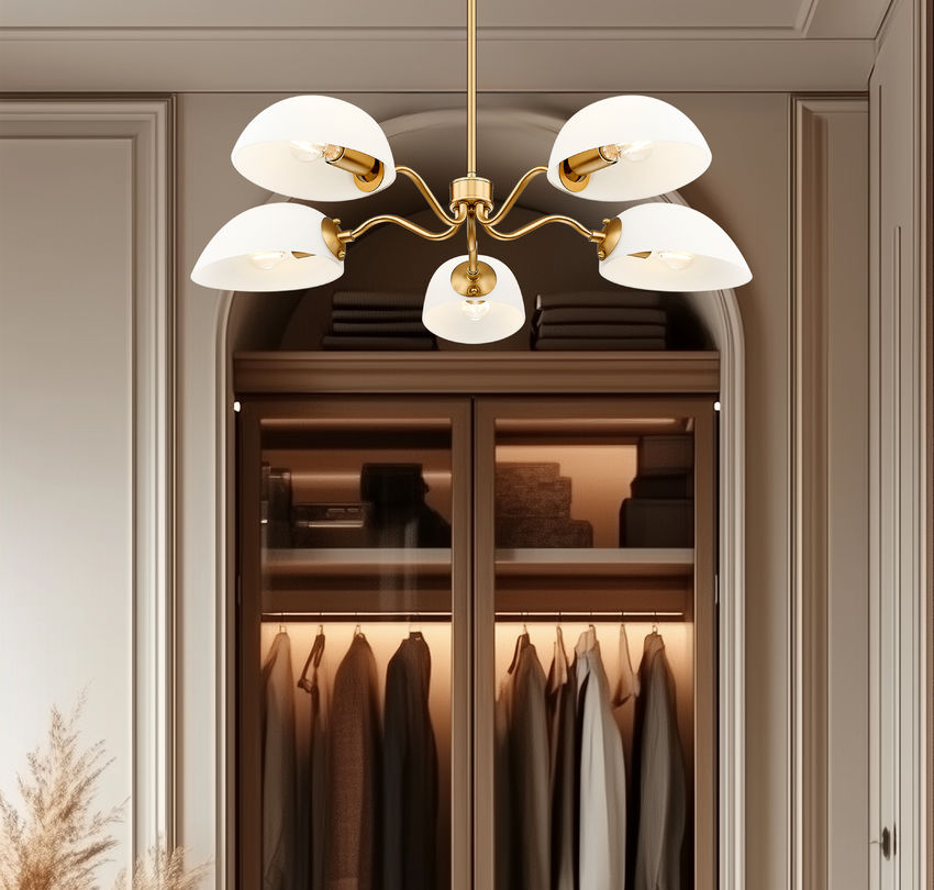 Z-Lite Breton 33" 5-Light Modern Gold Steel Frame White Glass Shade Chandelier