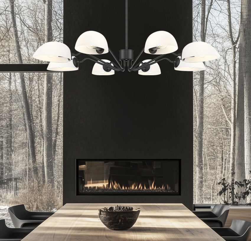 Z-Lite Breton 46" 8-Light Matte Black Steel Frame White Glass Shade Chandelier