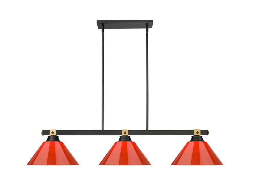 Z-Lite Bronte 14" 3-Light Medium Bulb Base Matte Black and Rubbed Brass Steel Red Plastic Shade Billiard Lighting