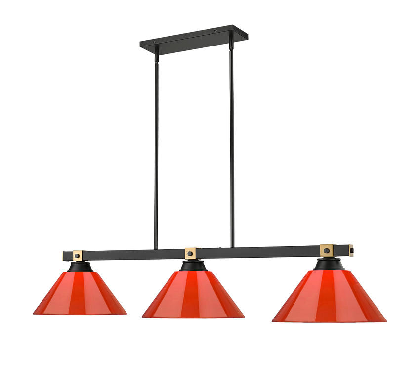 Z-Lite Bronte 14" 3-Light Medium Bulb Base Matte Black and Rubbed Brass Steel Red Plastic Shade Billiard Lighting
