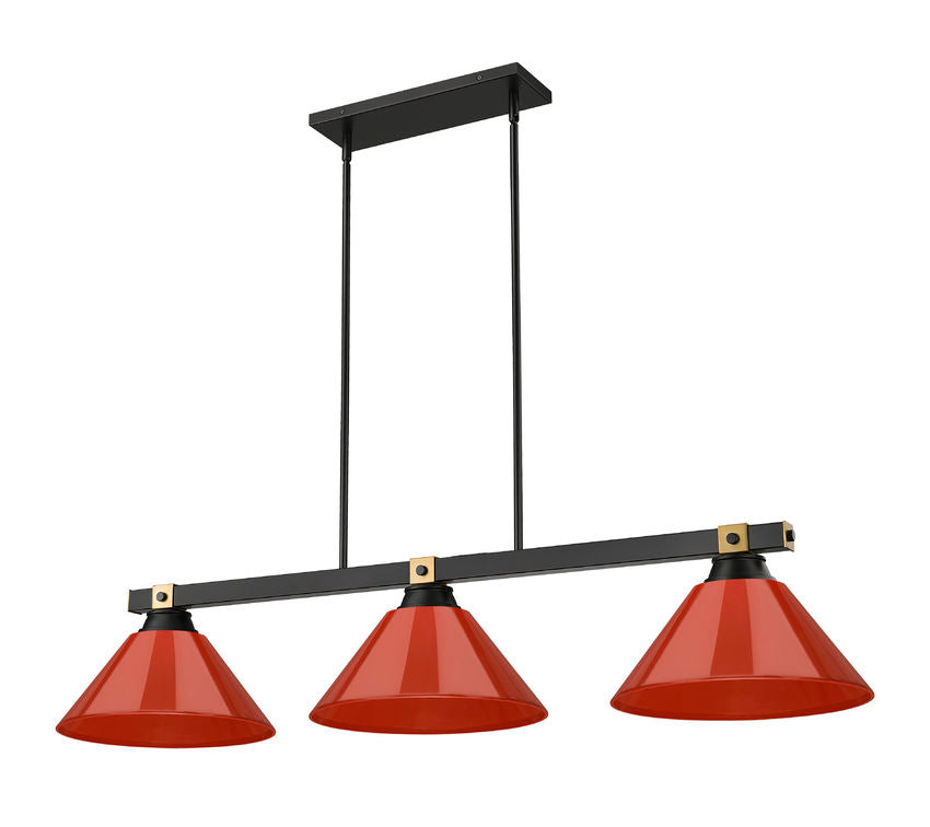 Z-Lite Bronte 14" 3-Light Medium Bulb Base Matte Black and Rubbed Brass Steel Red Plastic Shade Billiard Lighting