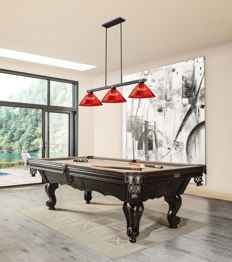 Z-Lite Bronte 14" 3-Light Medium Bulb Base Matte Black and Rubbed Brass Steel Red Plastic Shade Billiard Lighting