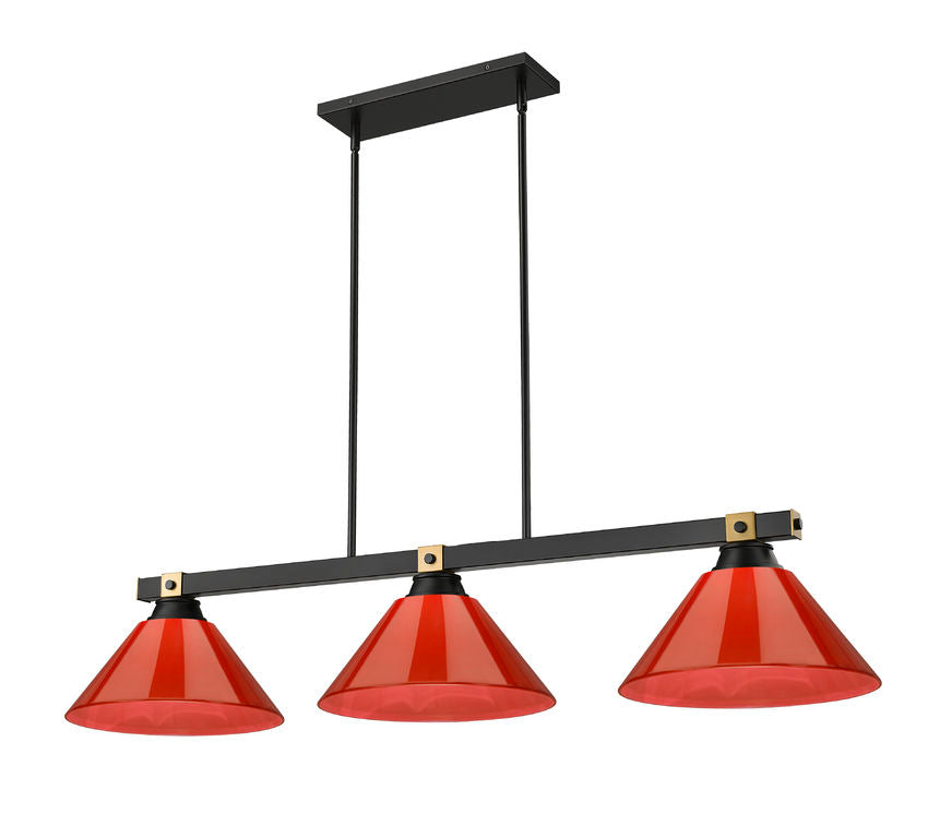 Z-Lite Bronte 14" 3-Light Medium Bulb Base Matte Black and Rubbed Brass Steel Red Plastic Shade Billiard Lighting