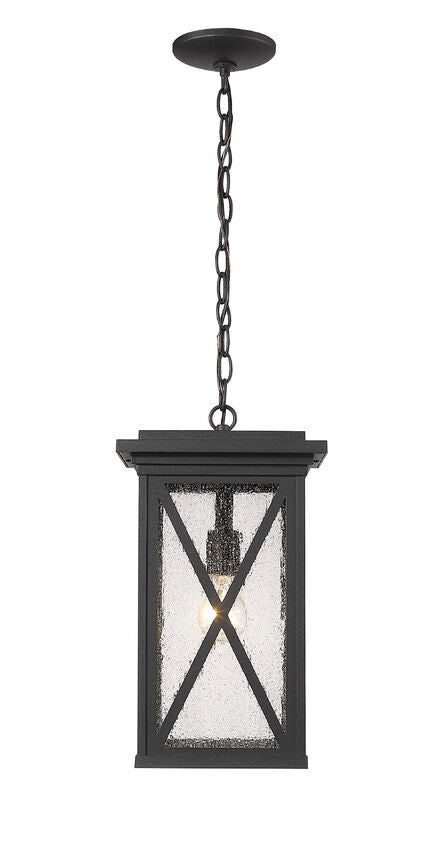 Z-Lite Brookside 10" 1-Light Black Aluminum Outdoor Chain Mount Ceiling Fixture With Clear Seedy Glass Shade
