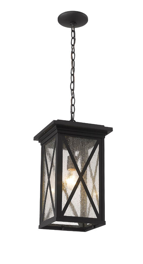 Z-Lite Brookside 10" 1-Light Black Aluminum Outdoor Chain Mount Ceiling Fixture With Clear Seedy Glass Shade