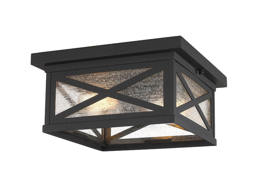 Z-Lite Brookside 12" 2-Light Black Aluminum Outdoor Flush Mount With Clear Seedy Glass Shade
