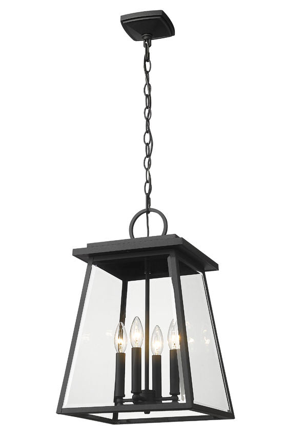 Z-Lite Broughton 13" 4-Light Black Aluminum Outdoor Chain Mount Ceiling Fixture With Clear Beveled Glass Shade