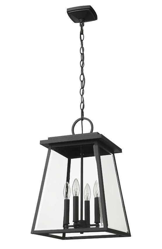 Z-Lite Broughton 13" 4-Light Black Aluminum Outdoor Chain Mount Ceiling Fixture With Clear Beveled Glass Shade