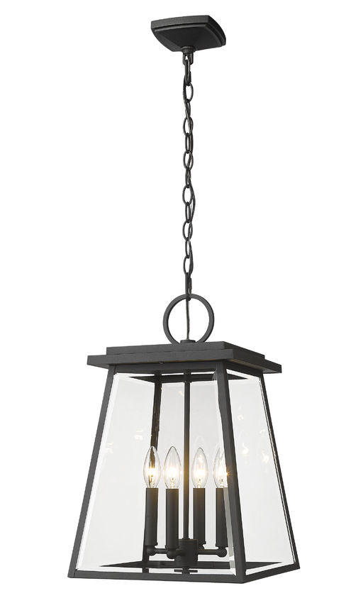 Z-Lite Broughton 13" 4-Light Black Aluminum Outdoor Chain Mount Ceiling Fixture With Clear Beveled Glass Shade