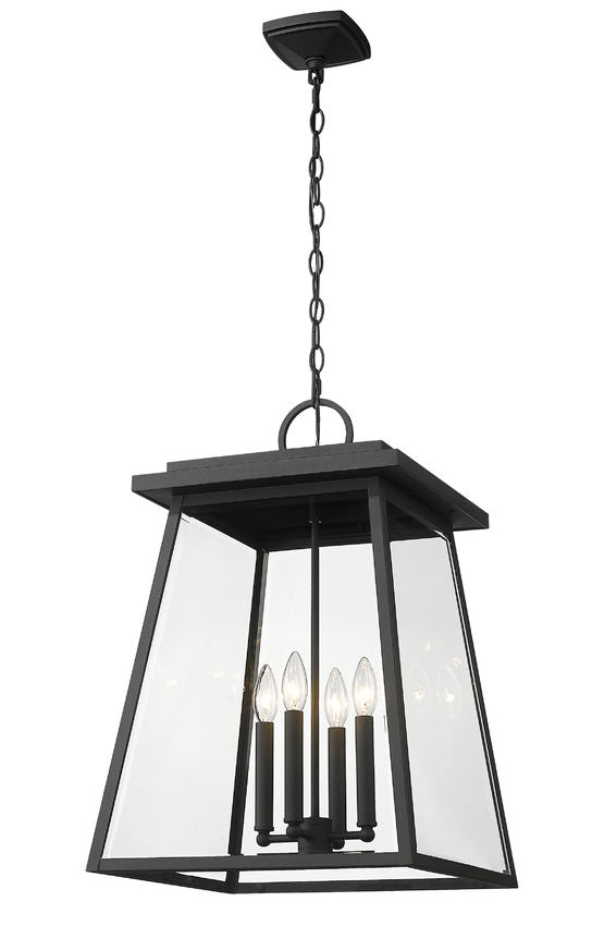 Z-Lite Broughton 16" 4-Light Black Aluminum Outdoor Chain Mount Ceiling Fixture With Clear Beveled Glass Shade