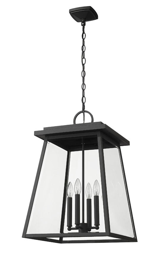 Z-Lite Broughton 16" 4-Light Black Aluminum Outdoor Chain Mount Ceiling Fixture With Clear Beveled Glass Shade