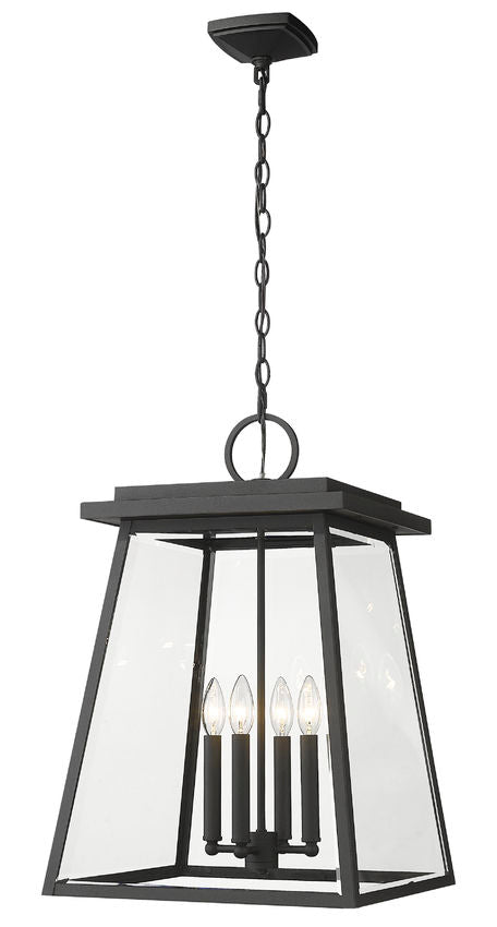 Z-Lite Broughton 16" 4-Light Black Aluminum Outdoor Chain Mount Ceiling Fixture With Clear Beveled Glass Shade