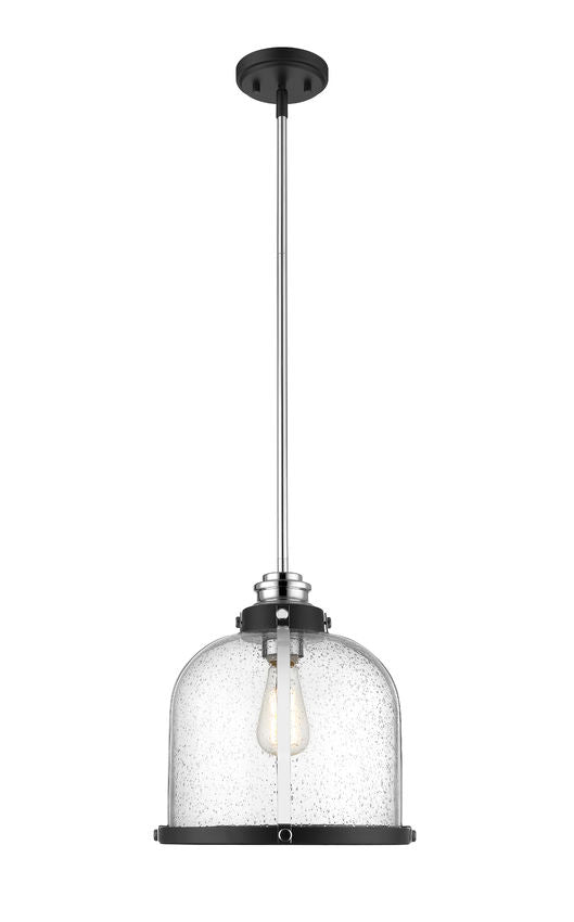 Z-Lite Burren 12" 1-Light Matte Black and Chrome Pendant Light With Clear Seedy Glass Shade